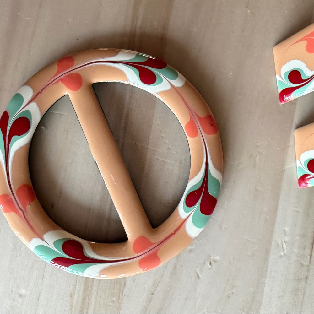 Bakelite vintage earrings & scarf bail / belt buckle set. Cream red orange green